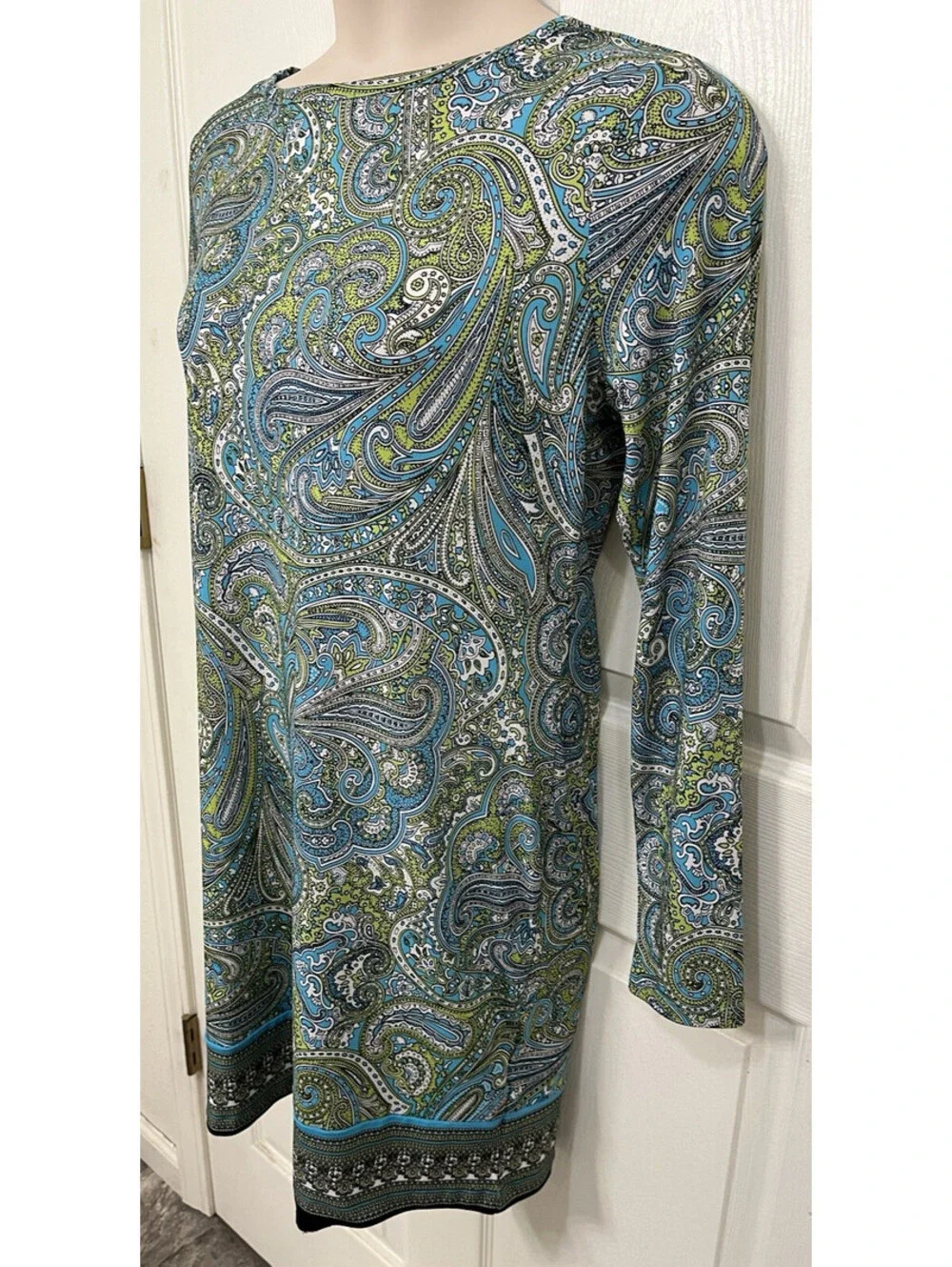 Michael Kors Turquoise & Green Paisley Dress Size L Long Sleeve Stretch